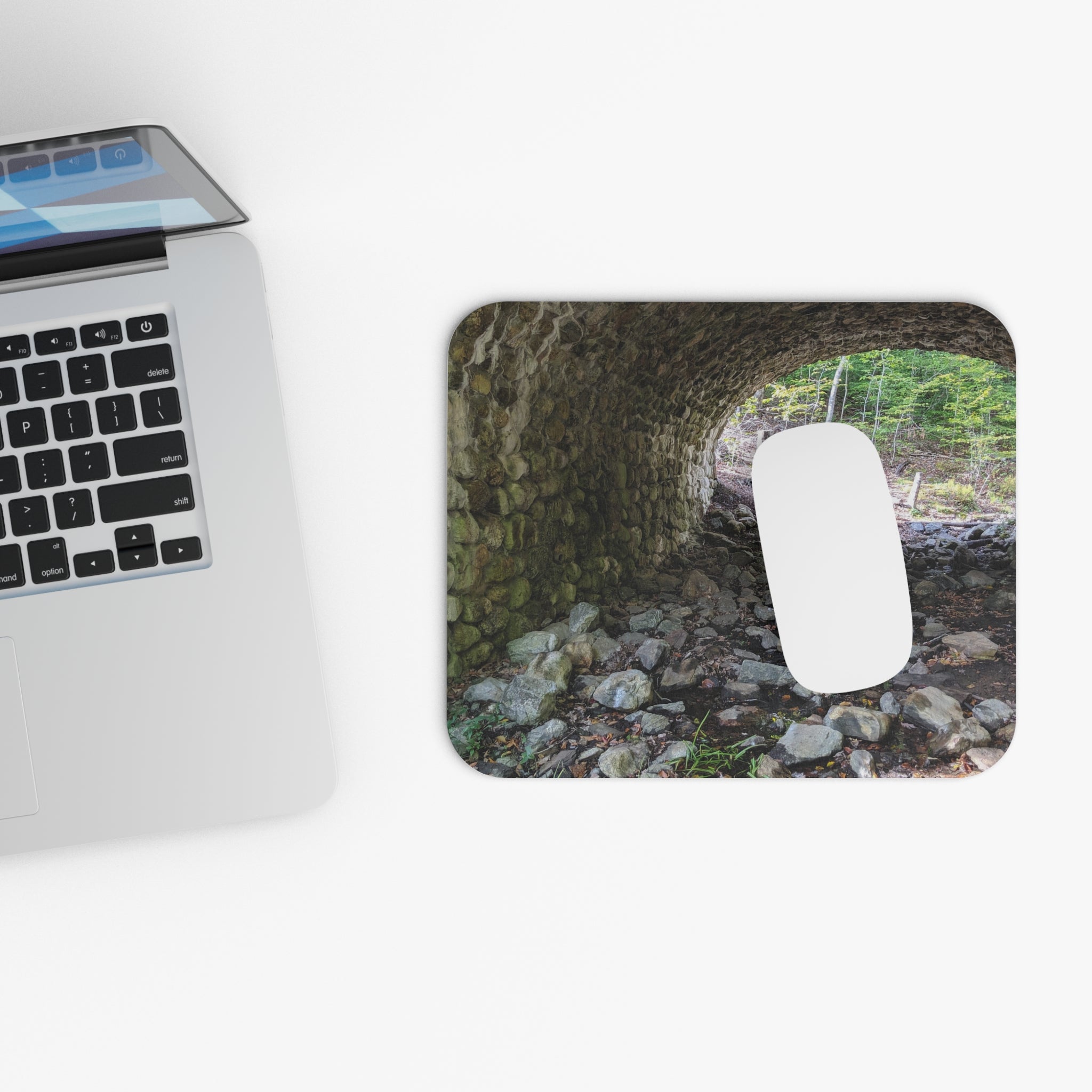 Stone Arch Trail Mouse Pad — Scenic Forest Bridge Desk Mat