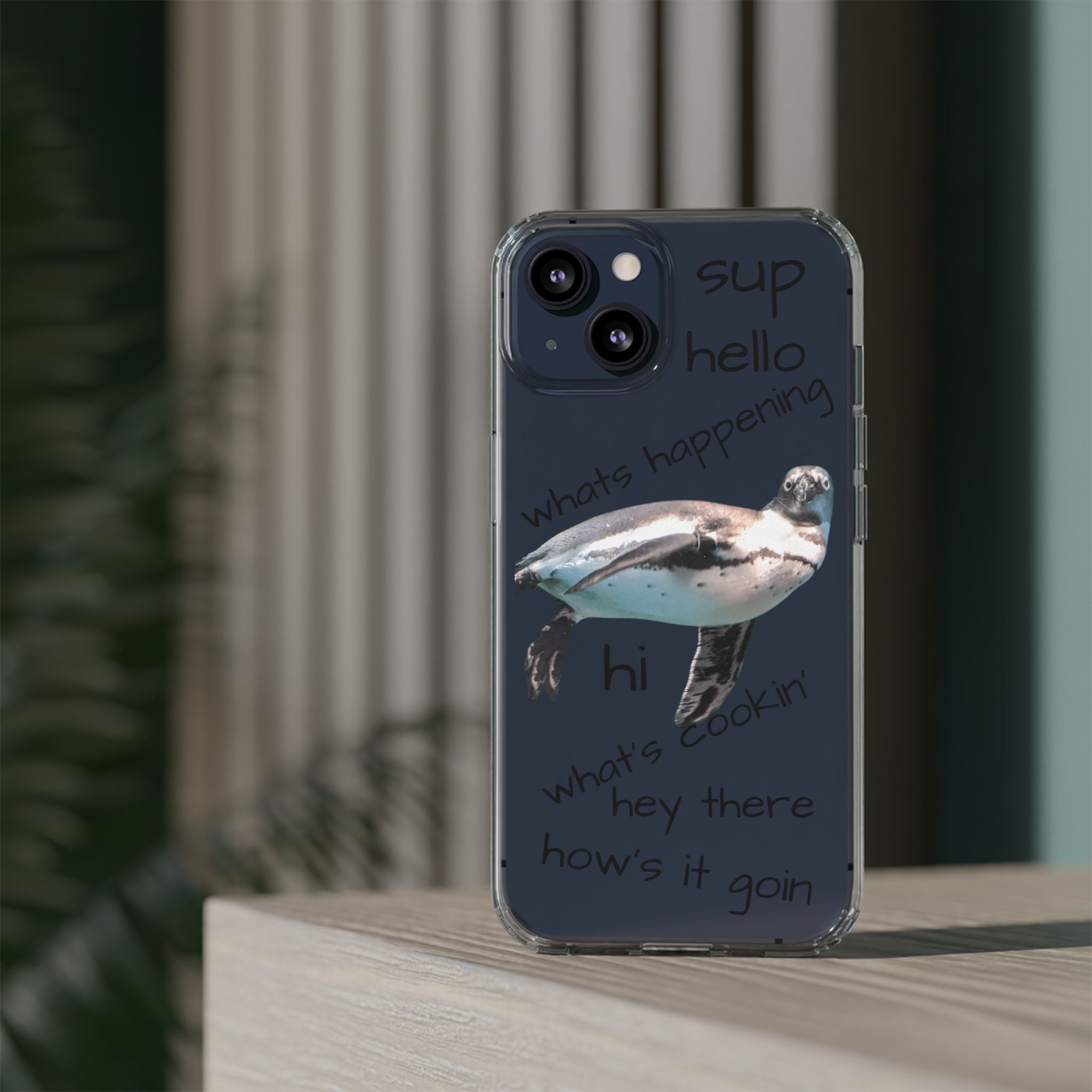 Clear Penguin Phone Case — Cute Floating Penguin with Casual Greetings, Clear Impact‑Resistant iPhone Case