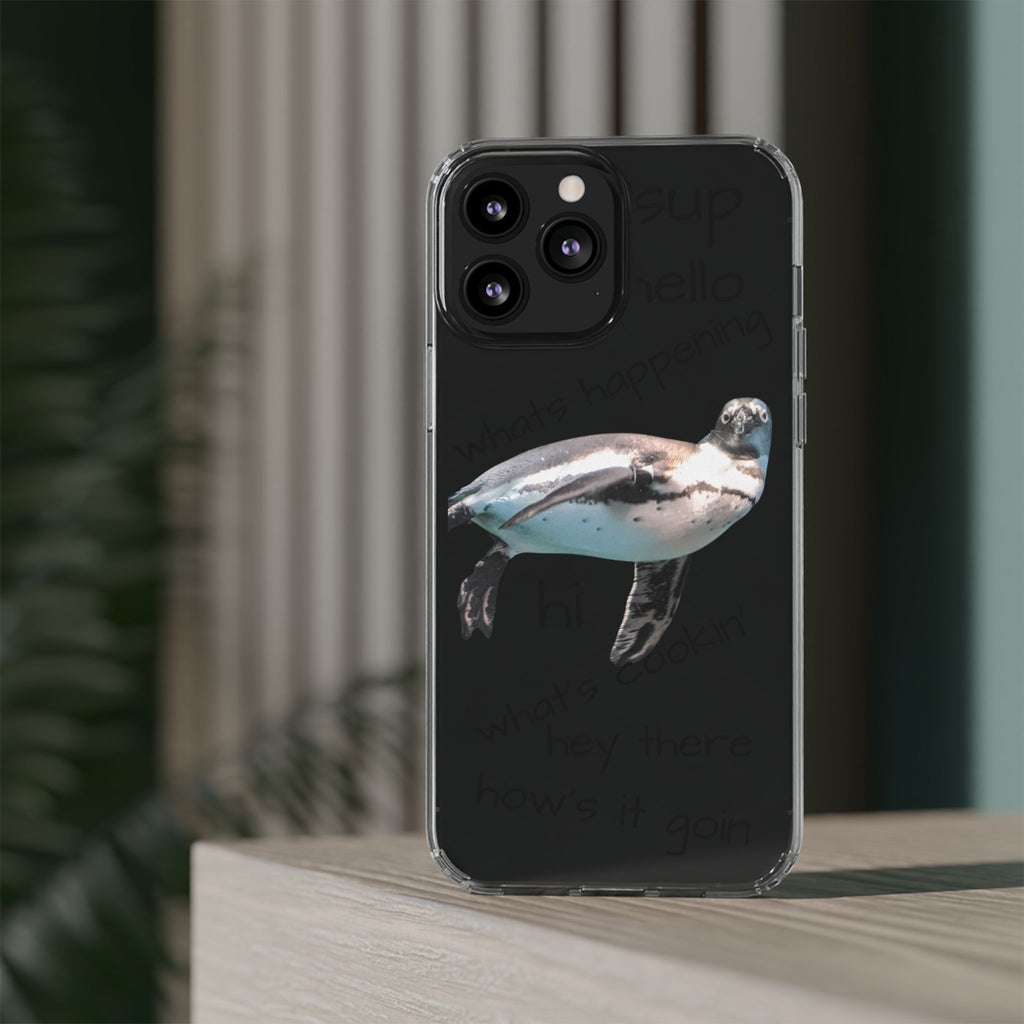 Clear Penguin Phone Case — Cute Floating Penguin with Casual Greetings, Clear Impact‑Resistant iPhone Case