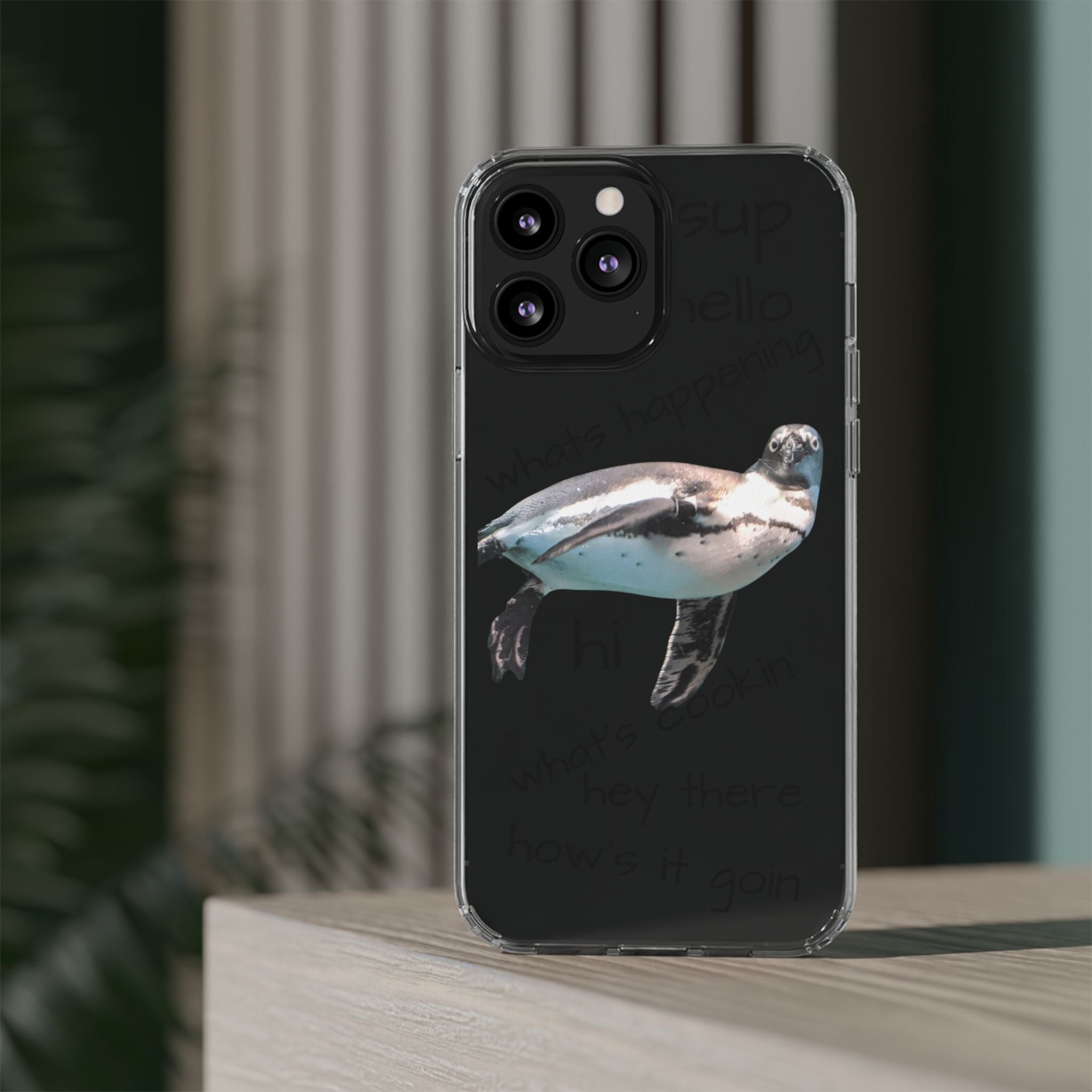 Clear Penguin Phone Case — Cute Floating Penguin with Casual Greetings, Clear Impact‑Resistant iPhone Case