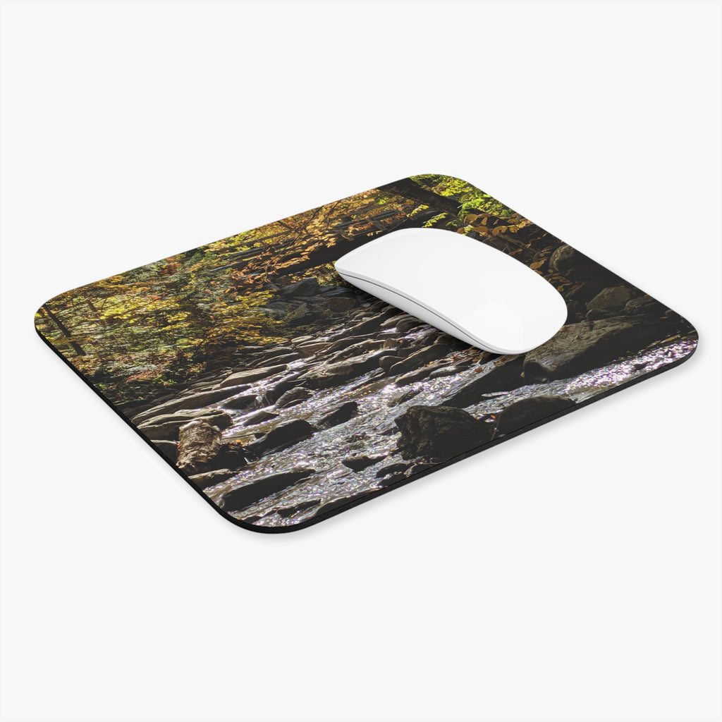 Autumn Forest Stream Mouse Pad — Nature Desk Mat for Fall Decor