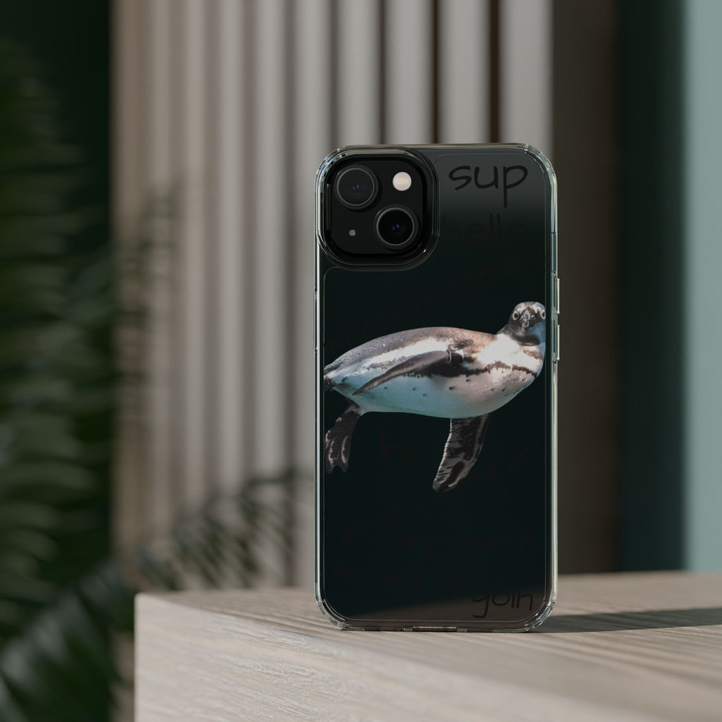 Clear Penguin Phone Case — Cute Floating Penguin with Casual Greetings, Clear Impact‑Resistant iPhone Case