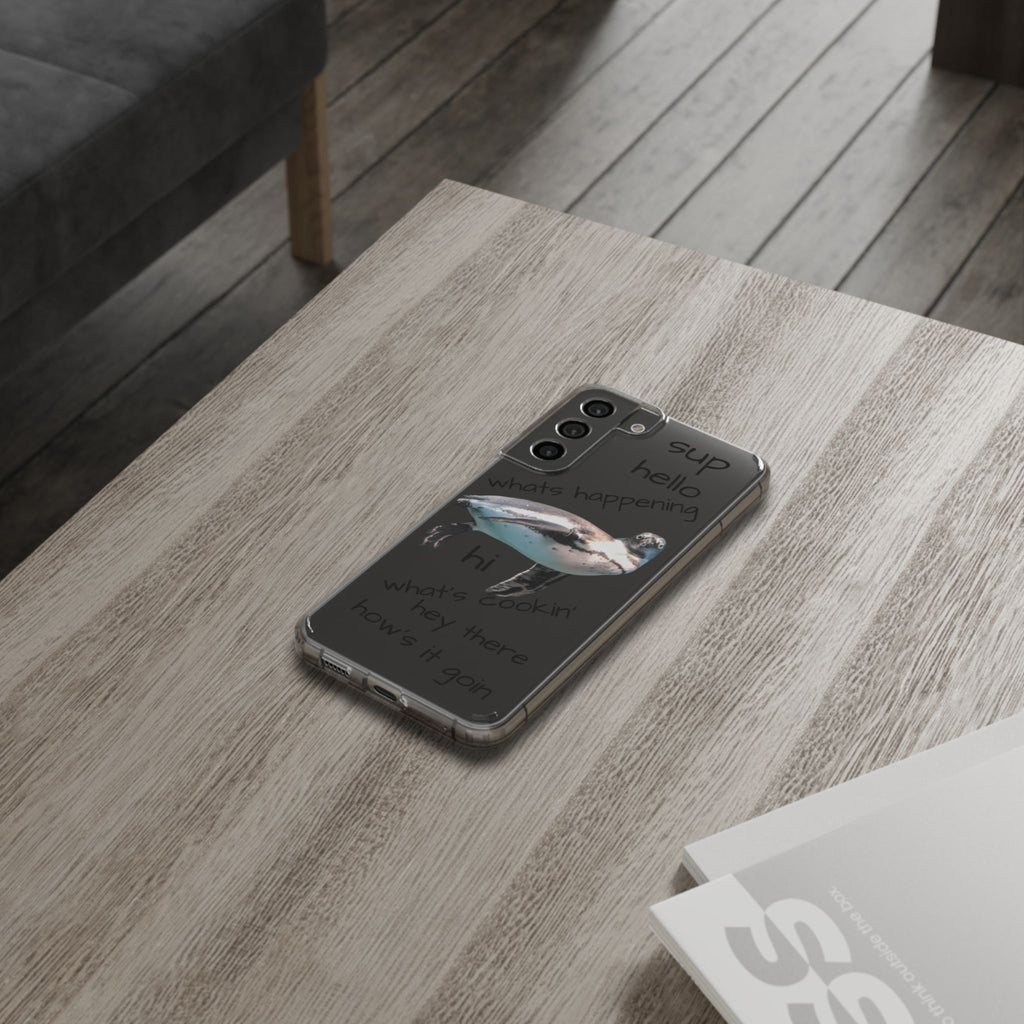 Clear Penguin Phone Case — Cute Floating Penguin with Casual Greetings, Clear Impact‑Resistant iPhone Case