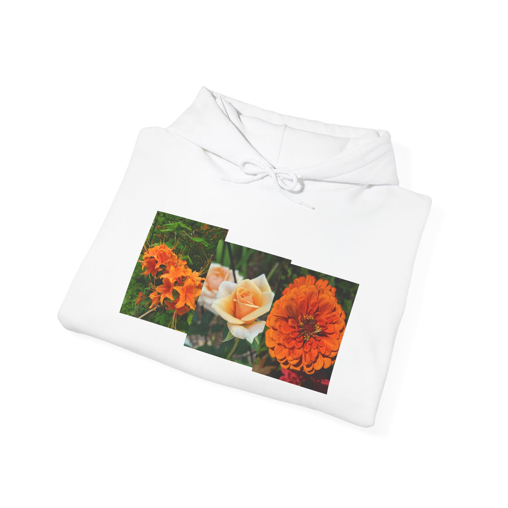 Floral Rectangle Print Hoodie — Orange Rose & Marigold Graphic Sweatshirt