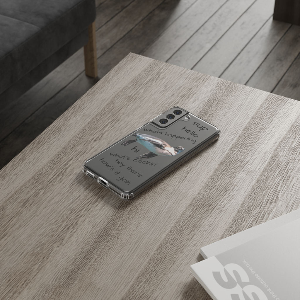 Clear Penguin Phone Case — Cute Floating Penguin with Casual Greetings, Clear Impact‑Resistant iPhone Case