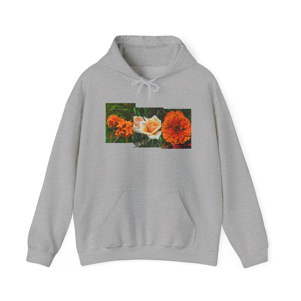 Orange Rose & Marigold Floral Hoodie — Botanical Rectangle Print Graphic Pullover, Garden Sweatshirt, Flower Lover Gift