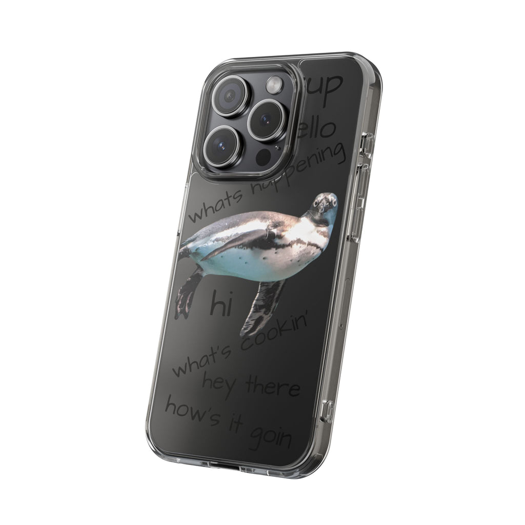 Clear Penguin Phone Case — Cute Floating Penguin with Casual Greetings, Clear Impact‑Resistant iPhone Case