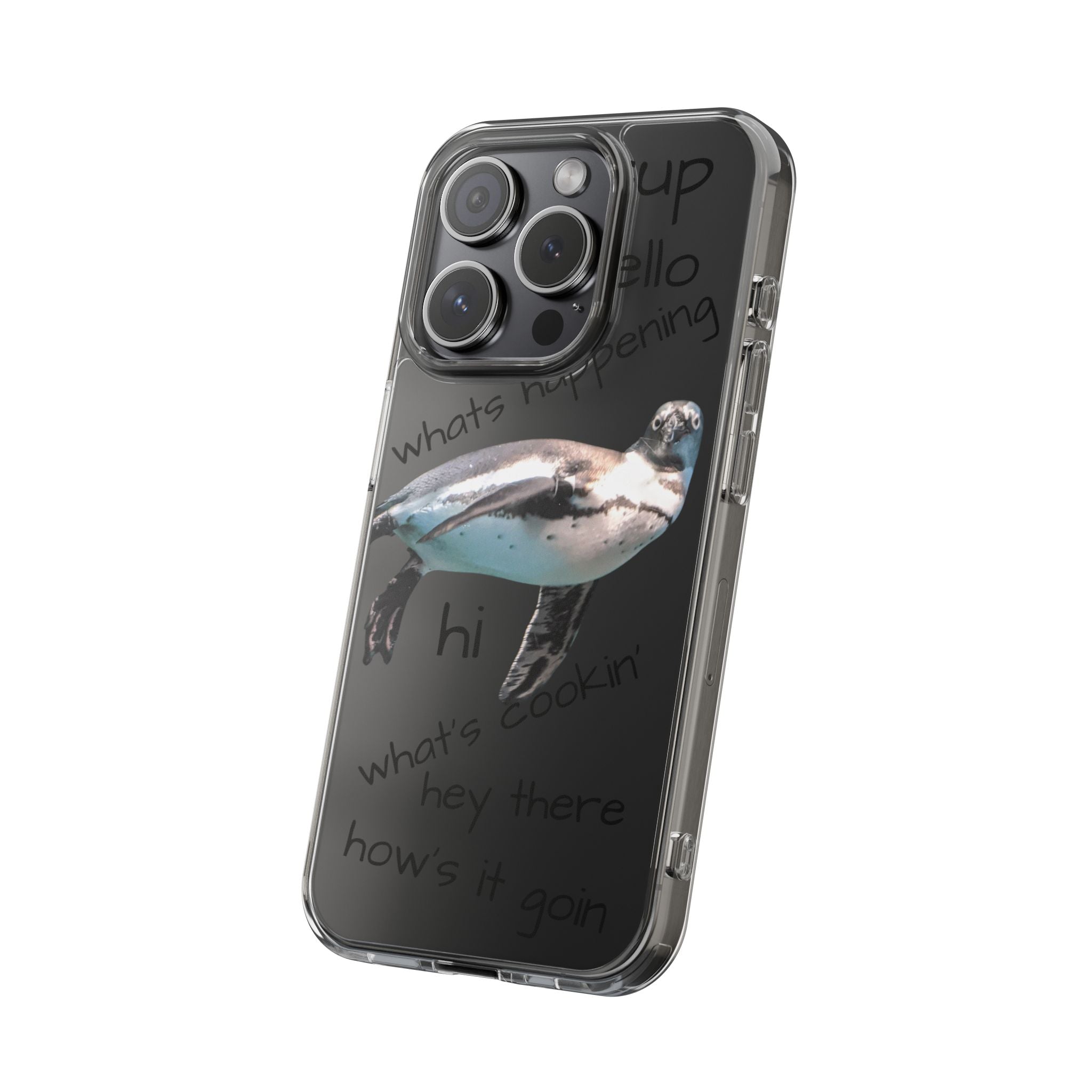 Clear Penguin Phone Case — Cute Floating Penguin with Casual Greetings, Clear Impact‑Resistant iPhone Case