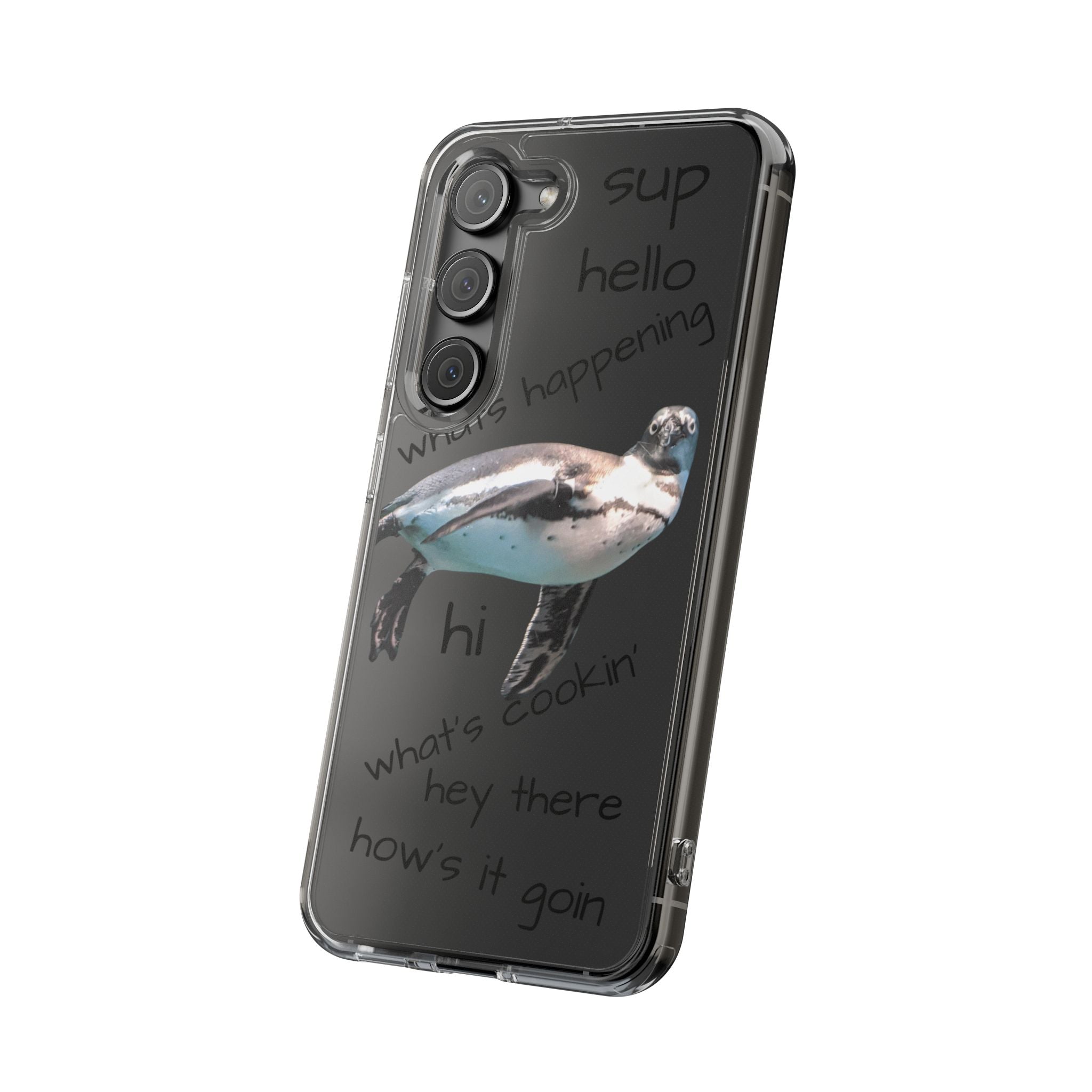Clear Penguin Phone Case — Cute Floating Penguin with Casual Greetings, Clear Impact‑Resistant iPhone Case
