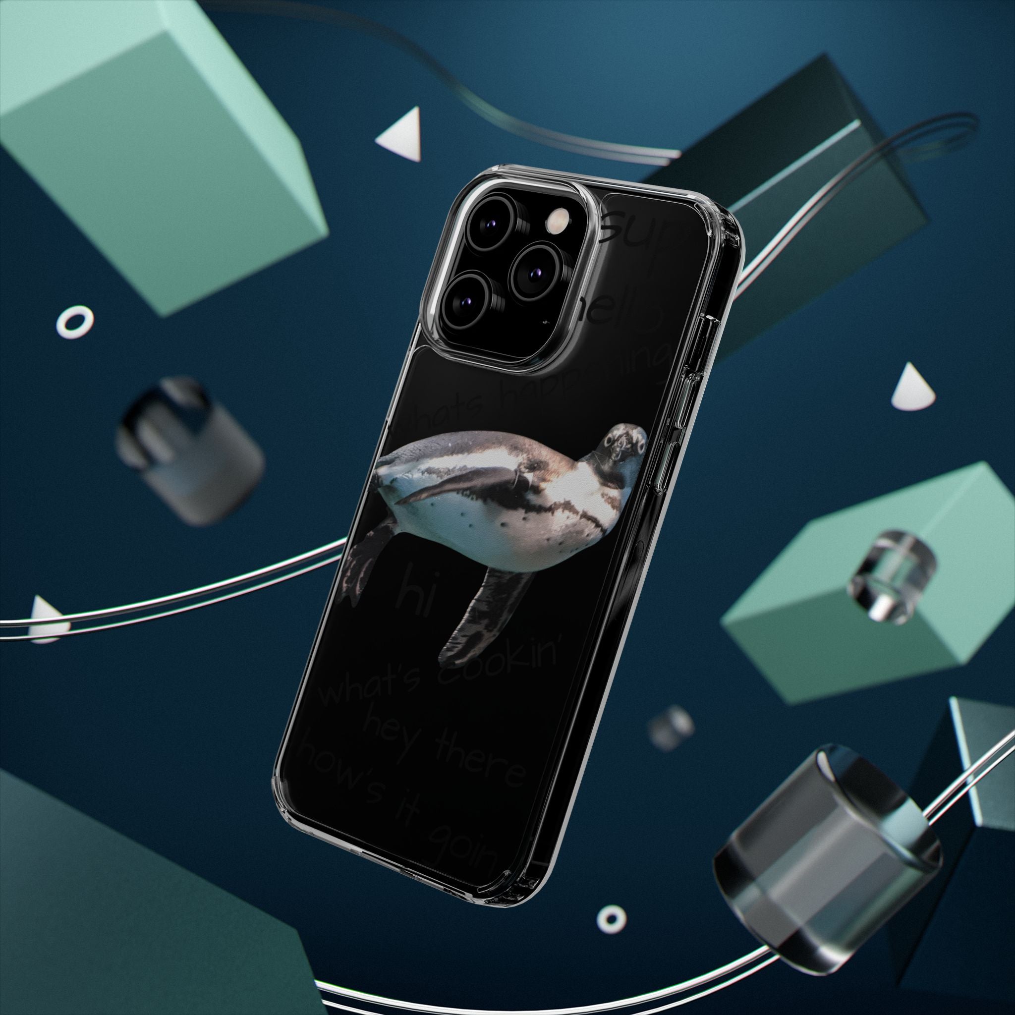 Clear Penguin Phone Case — Cute Floating Penguin with Casual Greetings, Clear Impact‑Resistant iPhone Case