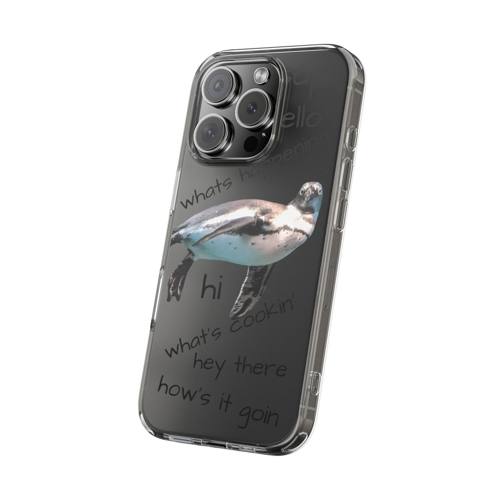 Clear Penguin Phone Case — Cute Floating Penguin with Casual Greetings, Clear Impact‑Resistant iPhone Case