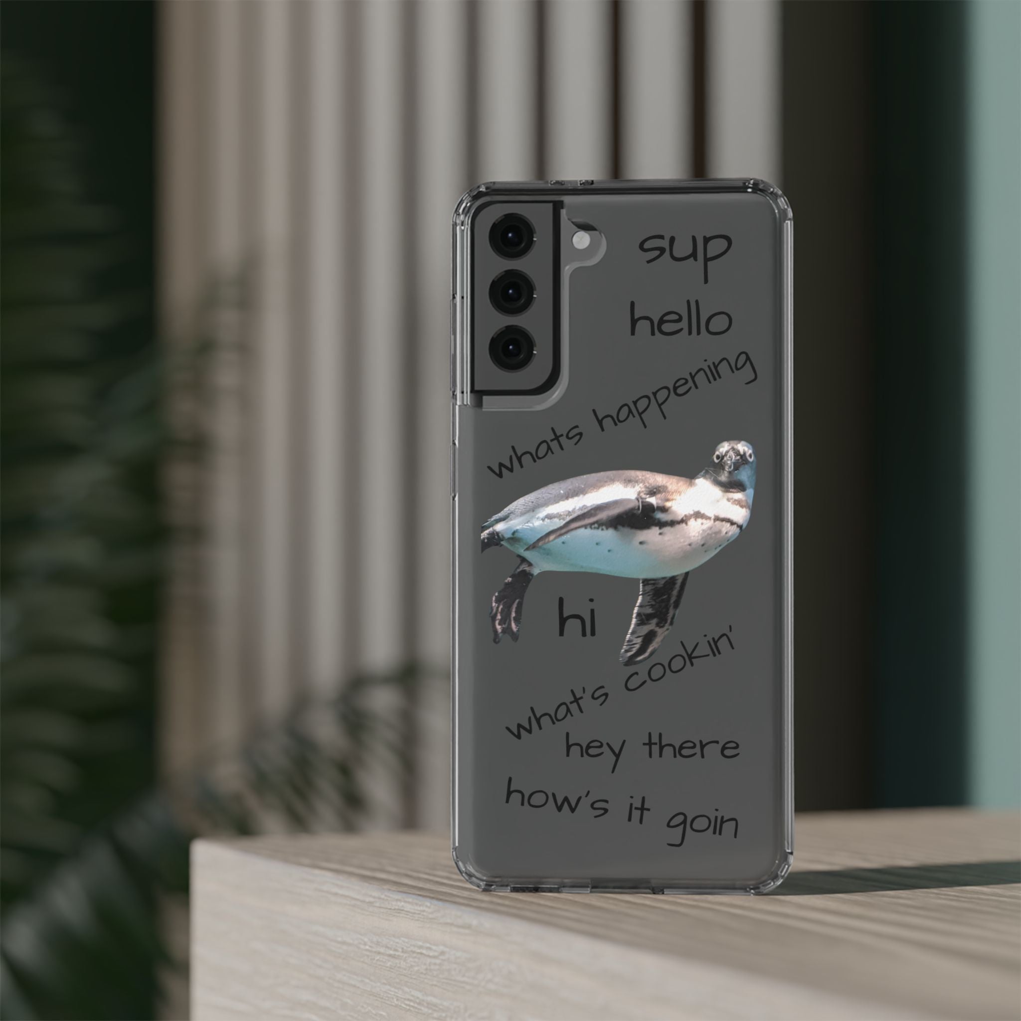 Clear Penguin Phone Case — Cute Floating Penguin with Casual Greetings, Clear Impact‑Resistant iPhone Case