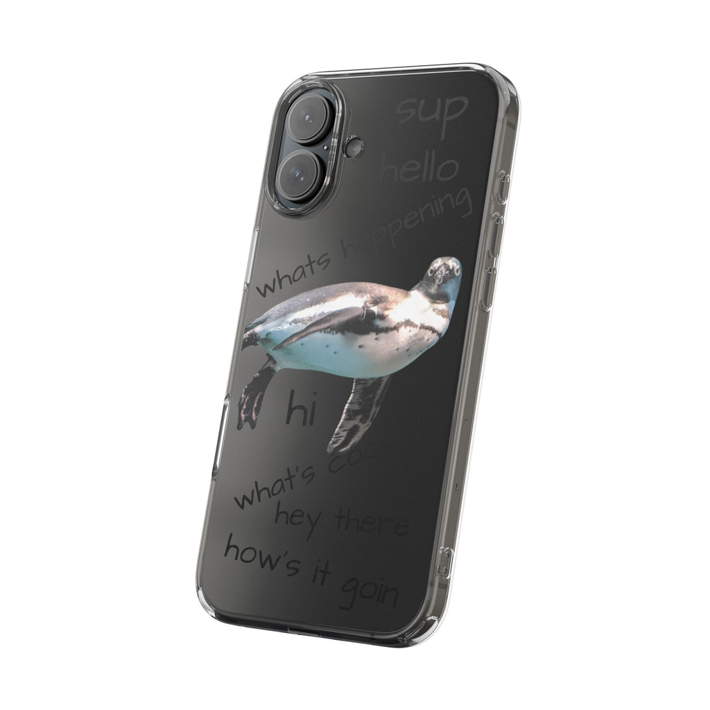Clear Penguin Phone Case — Cute Floating Penguin with Casual Greetings, Clear Impact‑Resistant iPhone Case