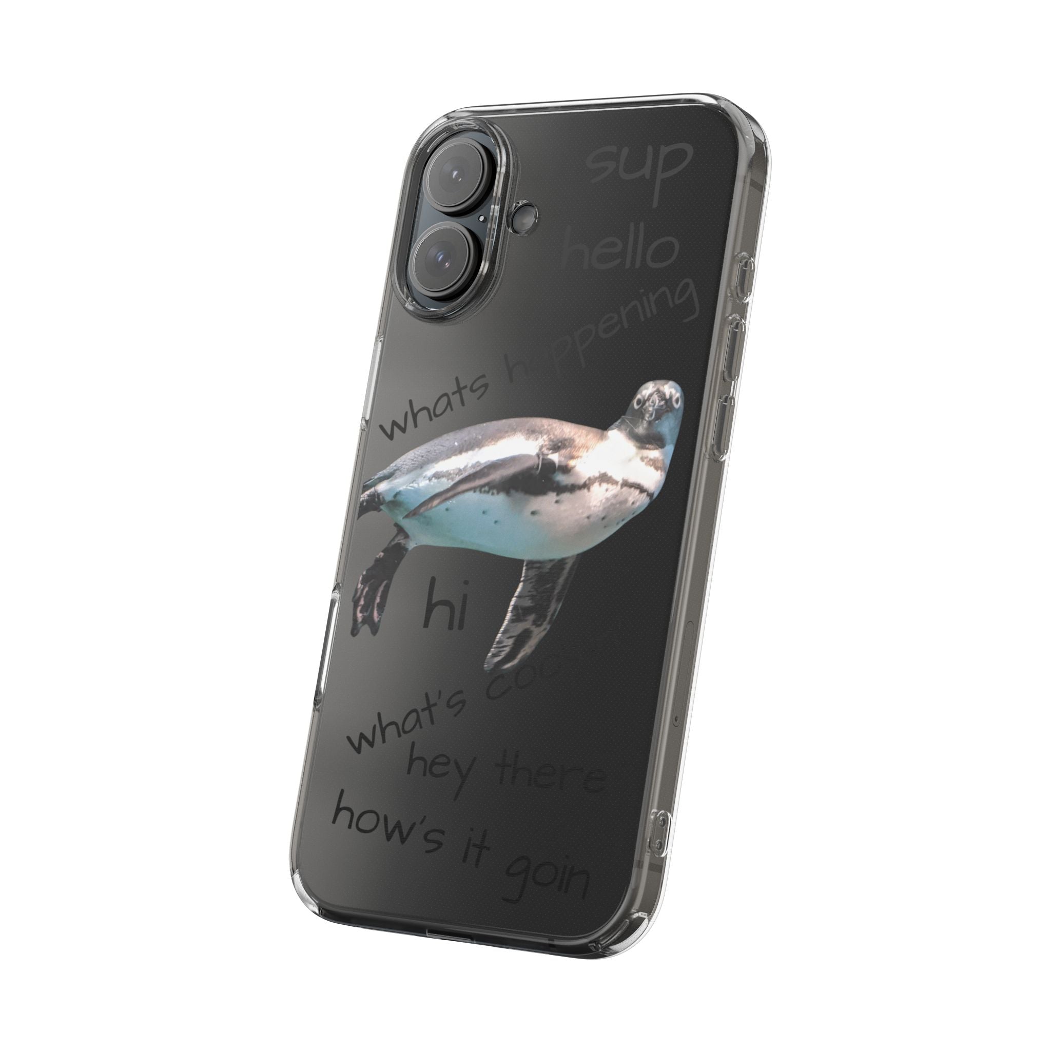 Clear Penguin Phone Case — Cute Floating Penguin with Casual Greetings, Clear Impact‑Resistant iPhone Case