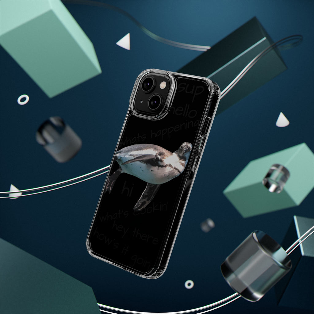 Clear Penguin Phone Case — Cute Floating Penguin with Casual Greetings, Clear Impact‑Resistant iPhone Case