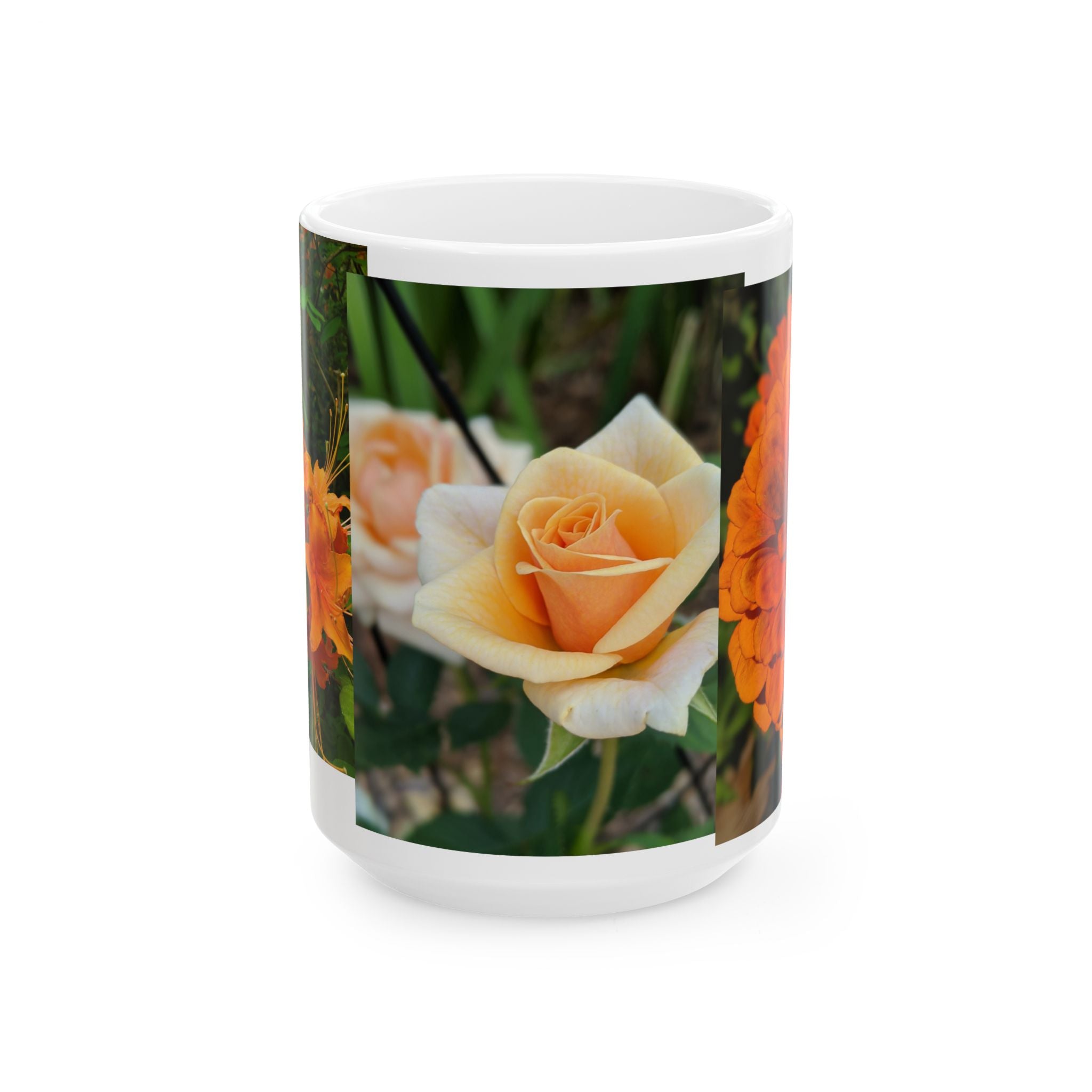 Peach & Orange Rose Ceramic Mug — Floral Garden Photo Coffee Cup (11oz, 15oz)