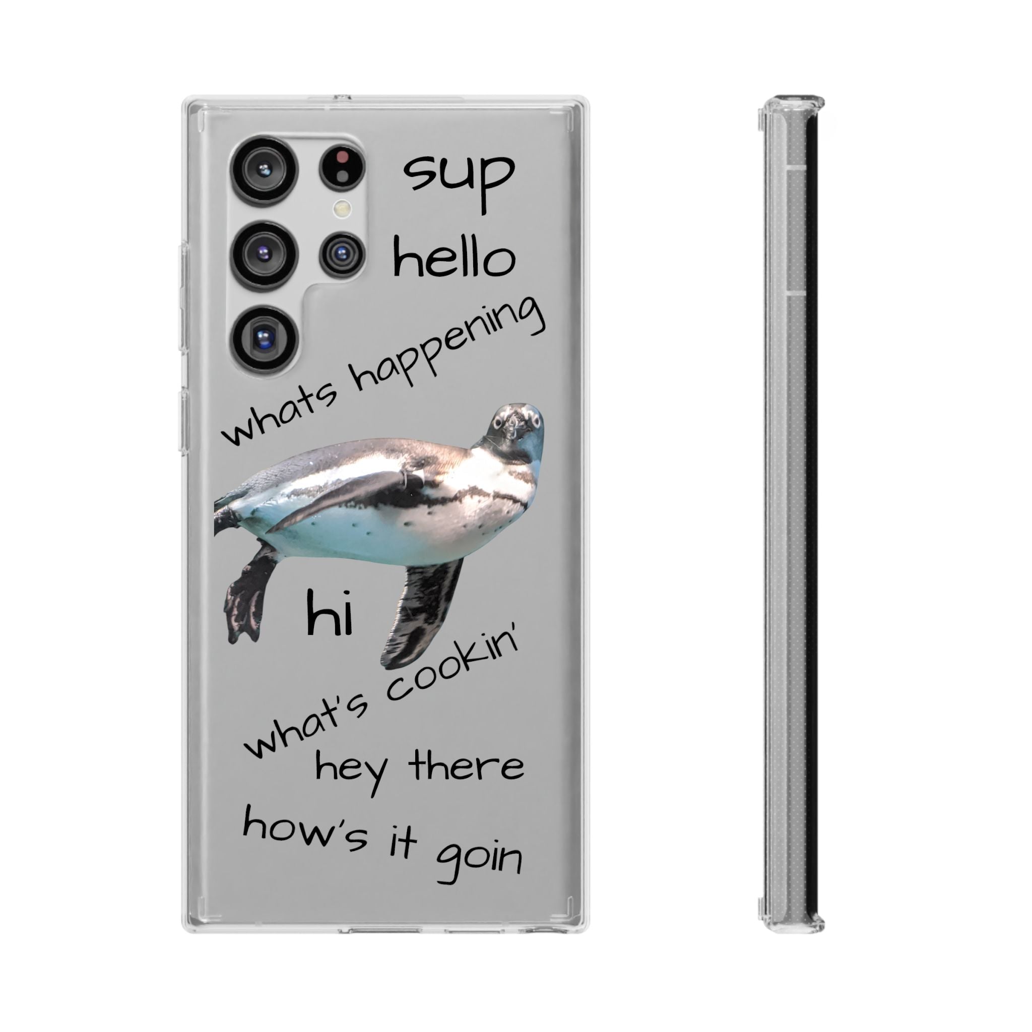 Clear Penguin Phone Case — Cute Floating Penguin with Casual Greetings, Clear Impact‑Resistant iPhone Case