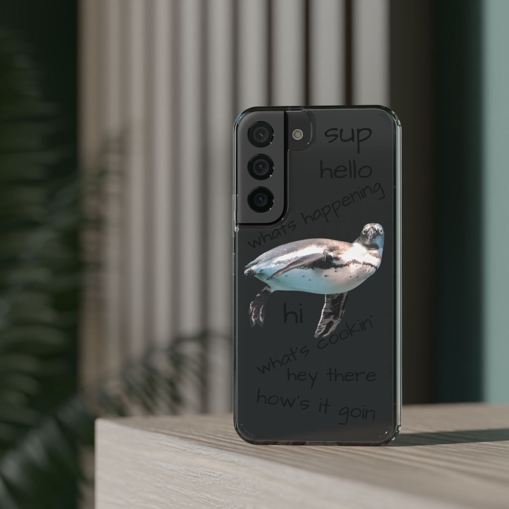 Clear Penguin Phone Case — Cute Floating Penguin with Casual Greetings, Clear Impact‑Resistant iPhone Case