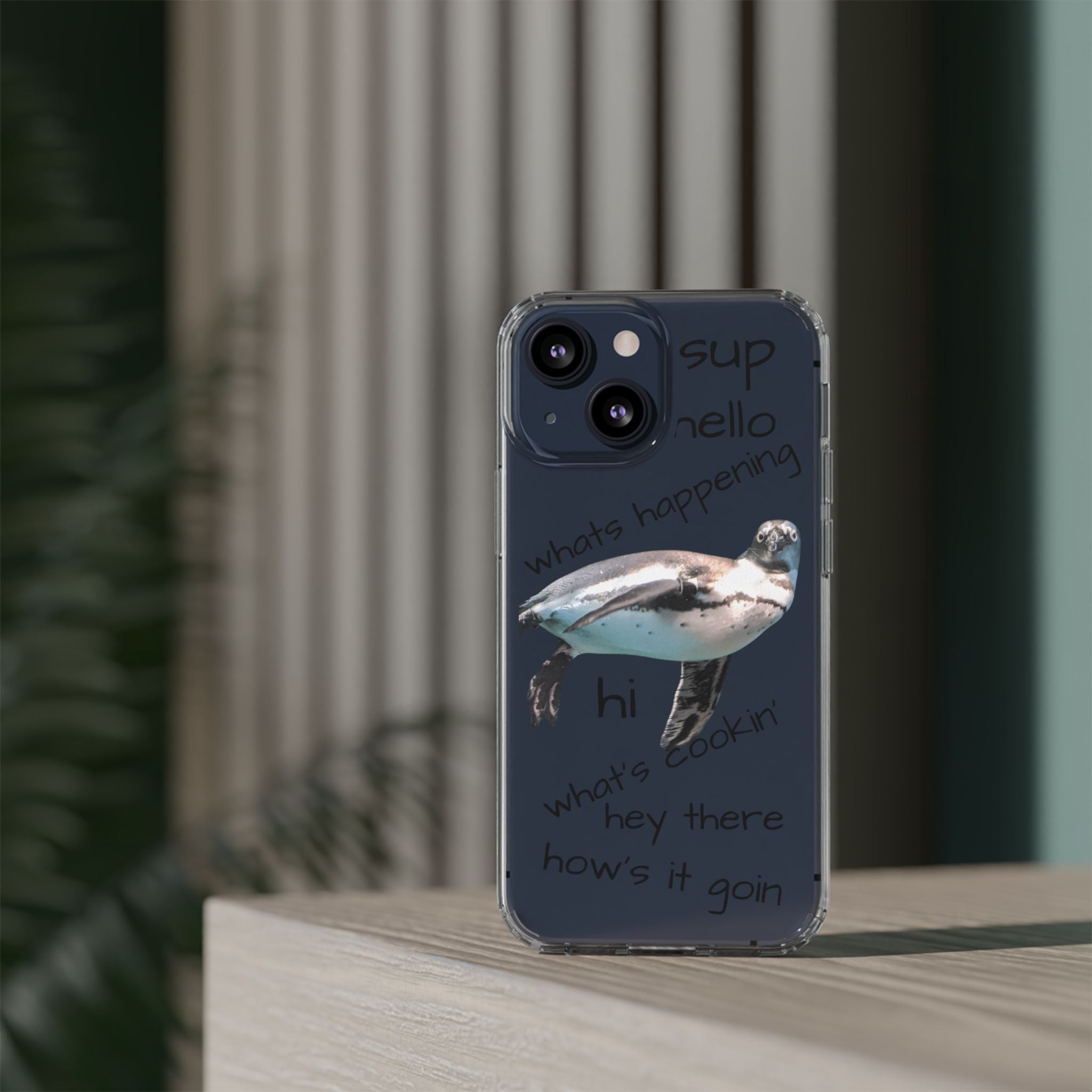 Clear Penguin Phone Case — Cute Floating Penguin with Casual Greetings, Clear Impact‑Resistant iPhone Case