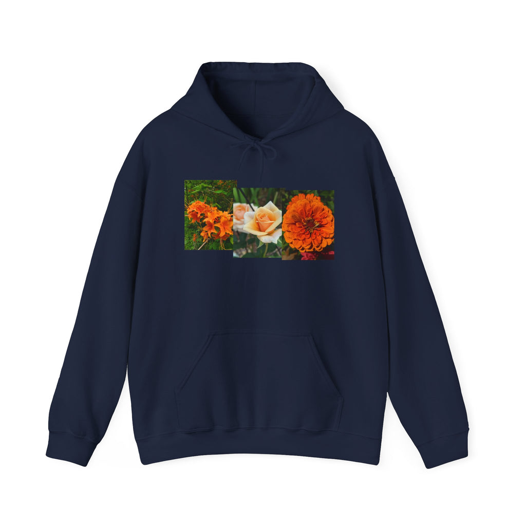 Floral Rectangle Print Hoodie — Orange Rose & Marigold Graphic Sweatshirt