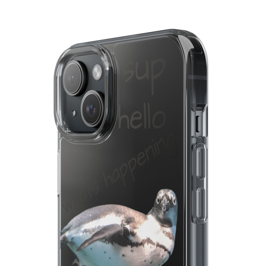 Clear Penguin Phone Case — Cute Floating Penguin with Casual Greetings, Clear Impact‑Resistant iPhone Case