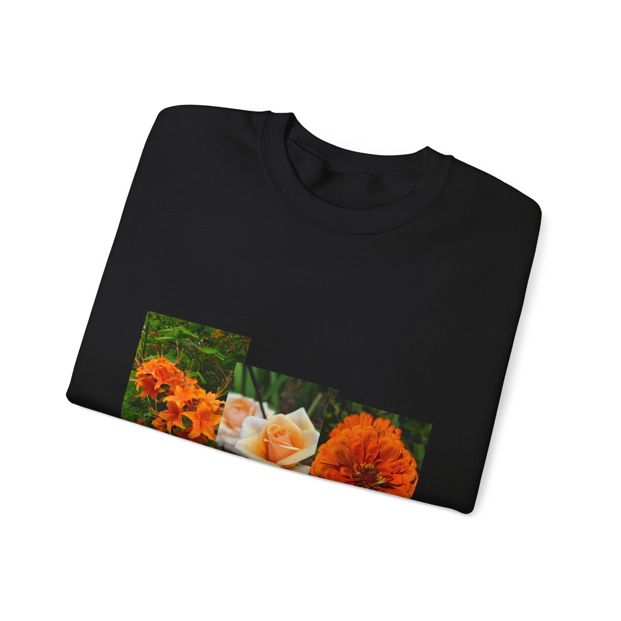 Floral Patchwork Crewneck Sweatshirt — Orange Marigold & Rose Garden Design