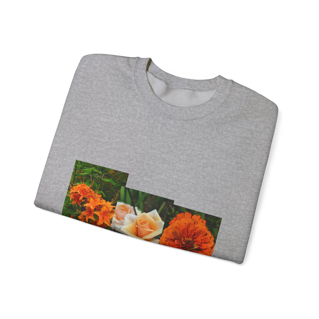 Floral Patchwork Crewneck Sweatshirt — Orange Marigold & Rose Garden Design