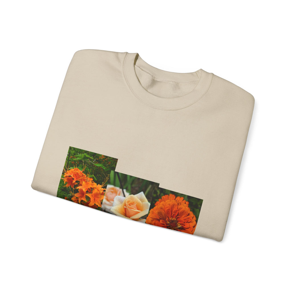 Floral Patchwork Crewneck Sweatshirt — Orange Marigold & Rose Garden Design