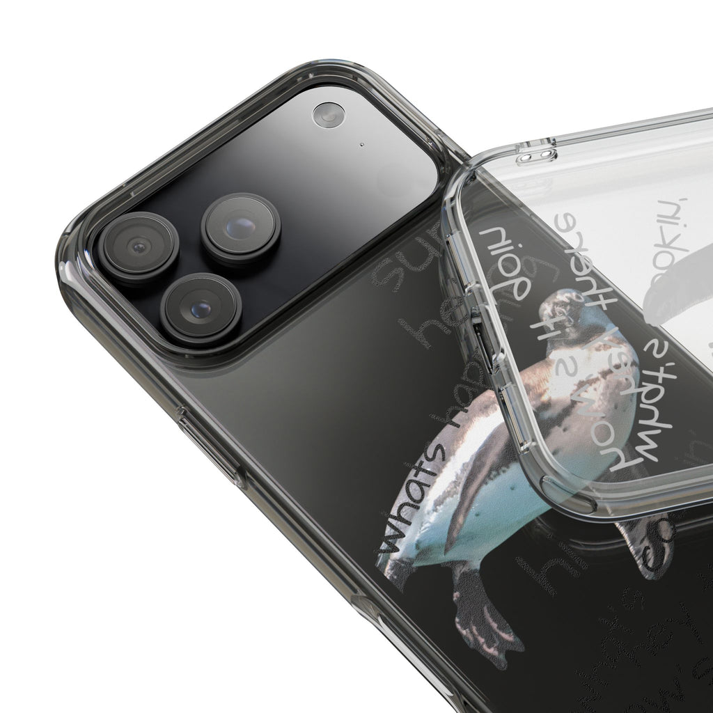 Clear Penguin Phone Case — Cute Floating Penguin with Casual Greetings, Clear Impact‑Resistant iPhone Case