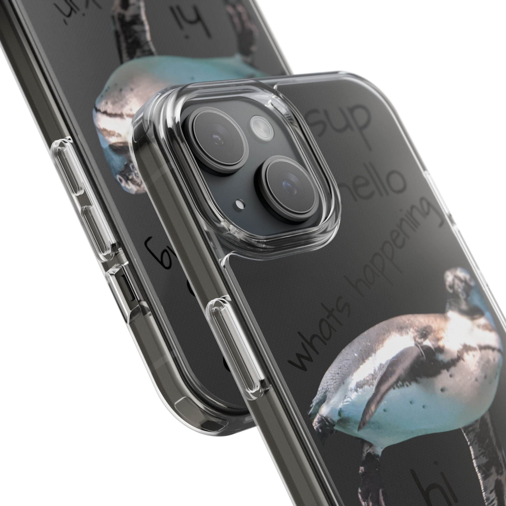 Clear Penguin Phone Case — Cute Floating Penguin with Casual Greetings, Clear Impact‑Resistant iPhone Case