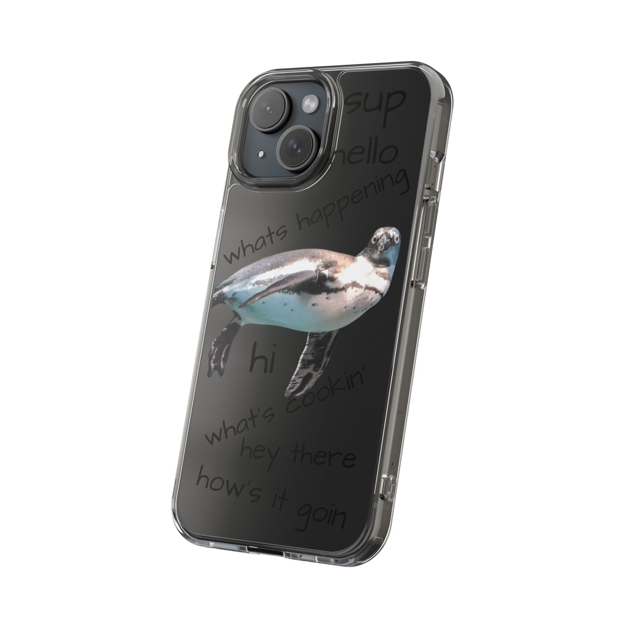Clear Penguin Phone Case — Cute Floating Penguin with Casual Greetings, Clear Impact‑Resistant iPhone Case