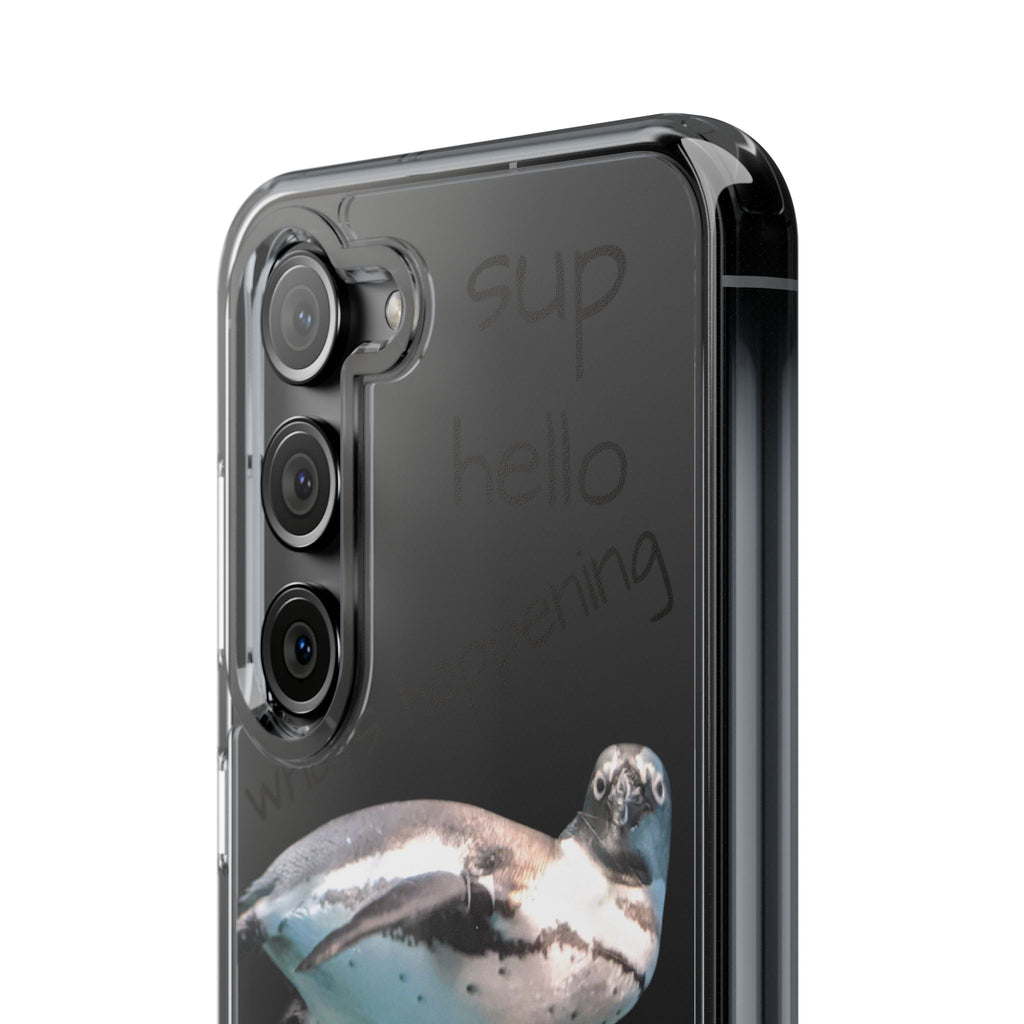 Clear Penguin Phone Case — Cute Floating Penguin with Casual Greetings, Clear Impact‑Resistant iPhone Case