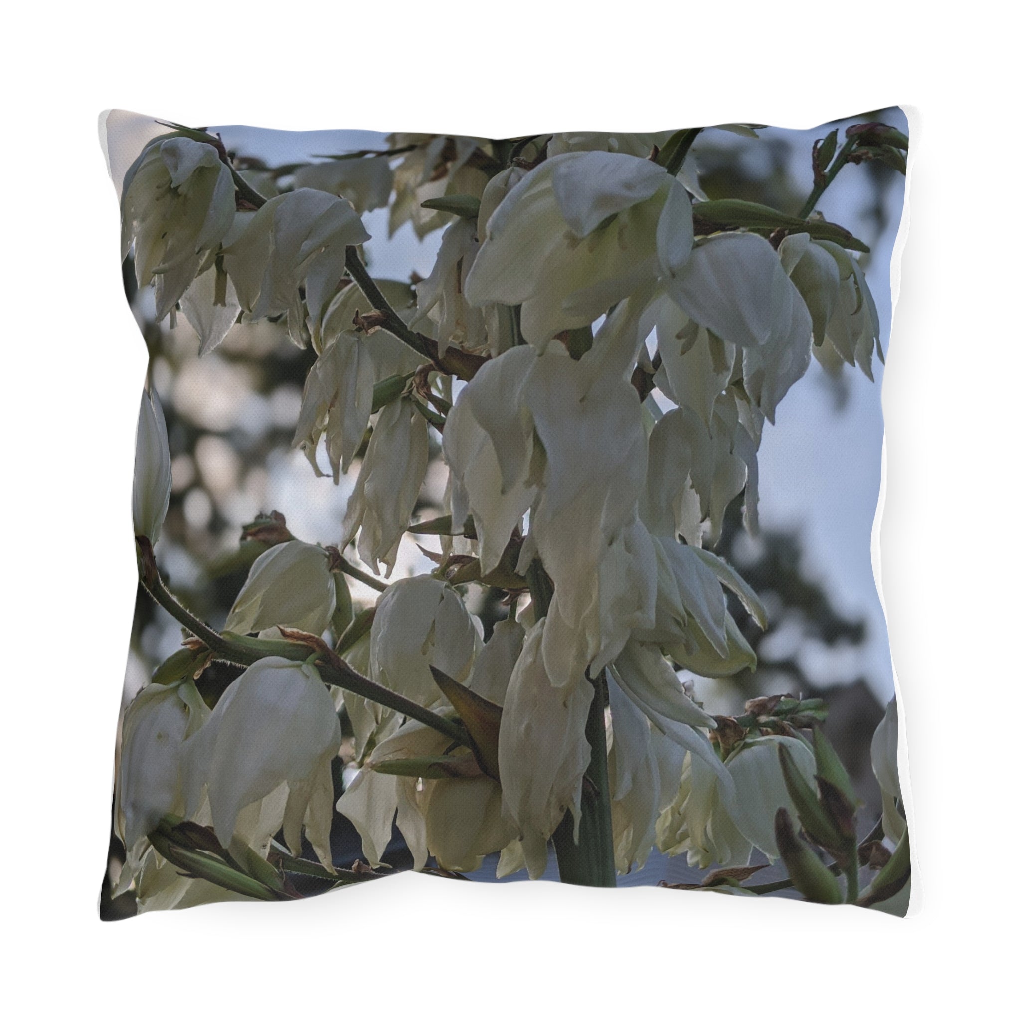Floral Outdoor Pillow — White Yucca & Purple Hydrangea Decorative Patio Cushion