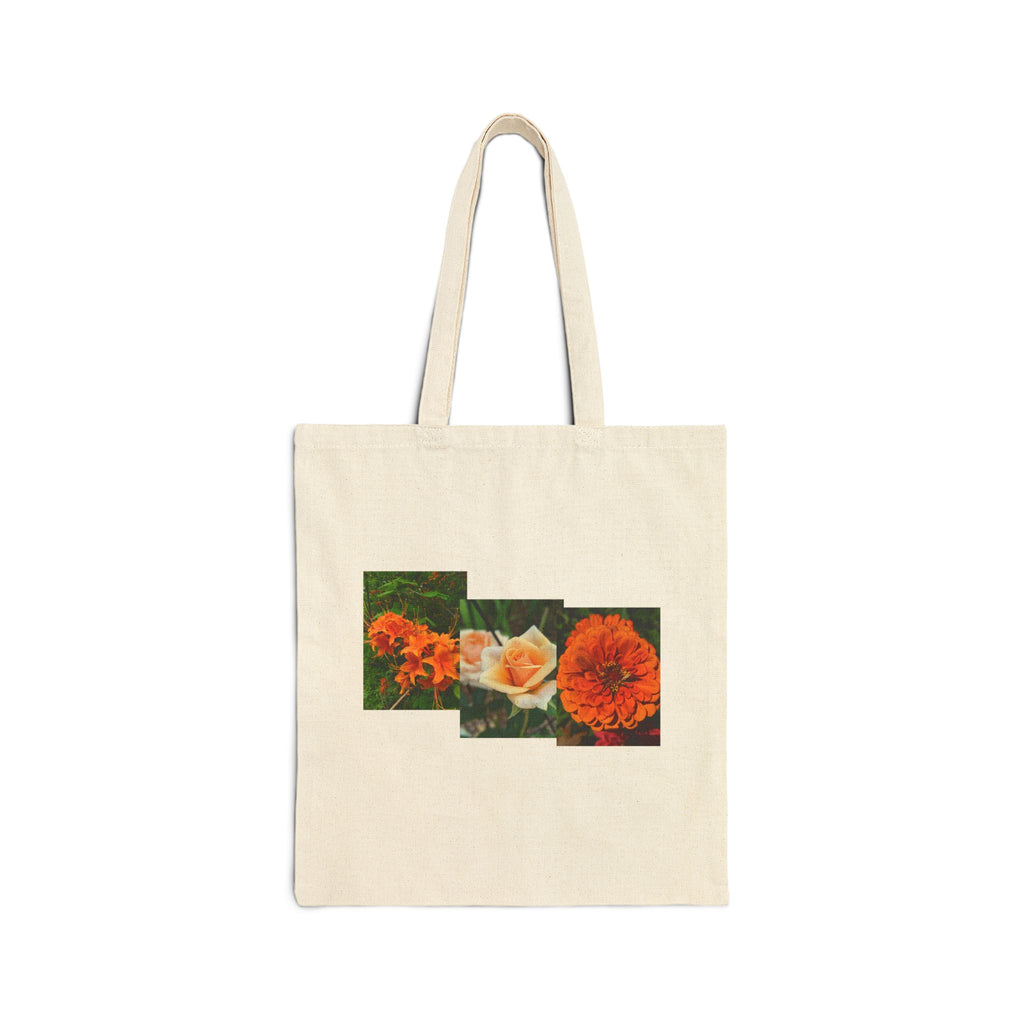 Orange Rose & Marigold Floral Canvas Tote Bag — Botanical Collage Print, Reusable Eco Grocery Bag, Garden Gift