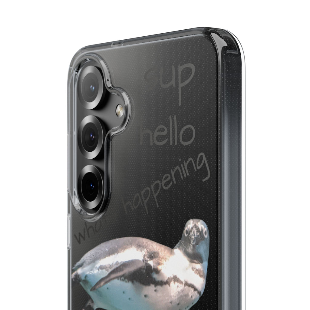 Clear Penguin Phone Case — Cute Floating Penguin with Casual Greetings, Clear Impact‑Resistant iPhone Case