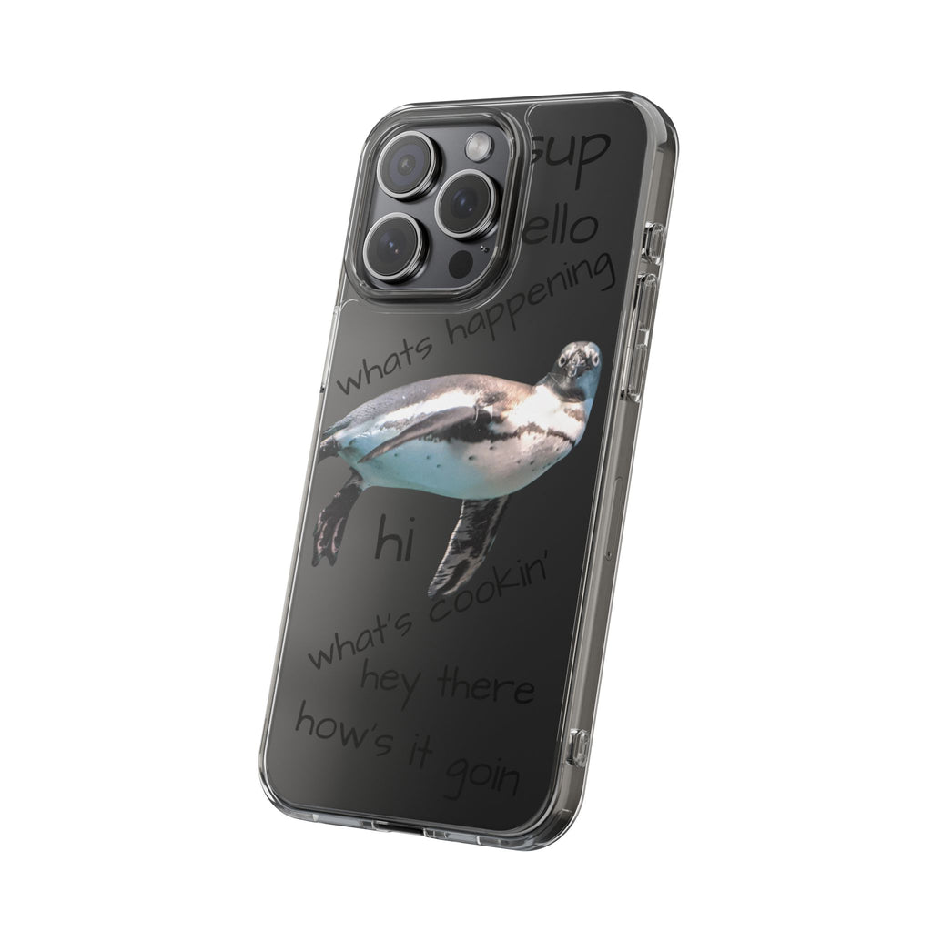 Clear Penguin Phone Case — Cute Floating Penguin with Casual Greetings, Clear Impact‑Resistant iPhone Case