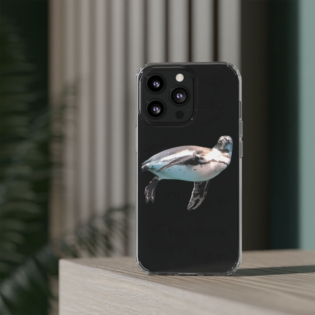 Clear Penguin Phone Case — Cute Floating Penguin with Casual Greetings, Clear Impact‑Resistant iPhone Case