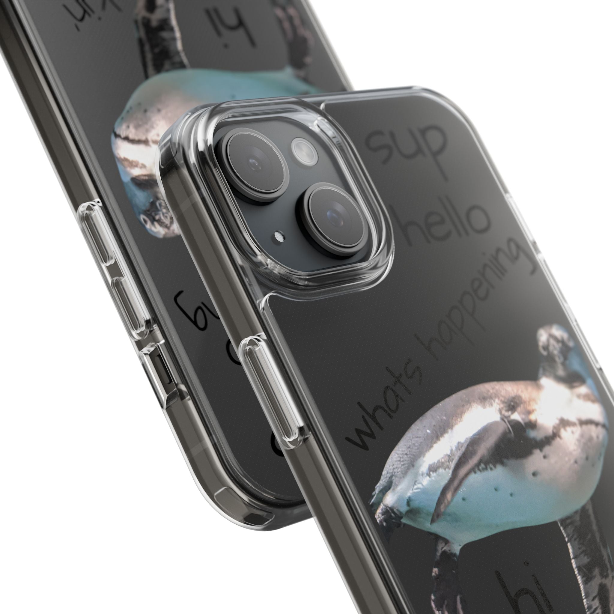 Clear Penguin Phone Case — Cute Floating Penguin with Casual Greetings, Clear Impact‑Resistant iPhone Case