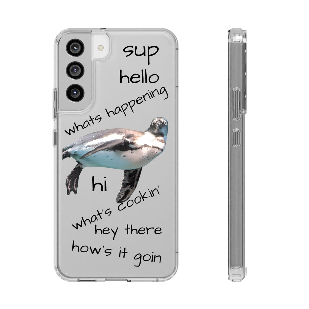 Clear Penguin Phone Case — Cute Floating Penguin with Casual Greetings, Clear Impact‑Resistant iPhone Case
