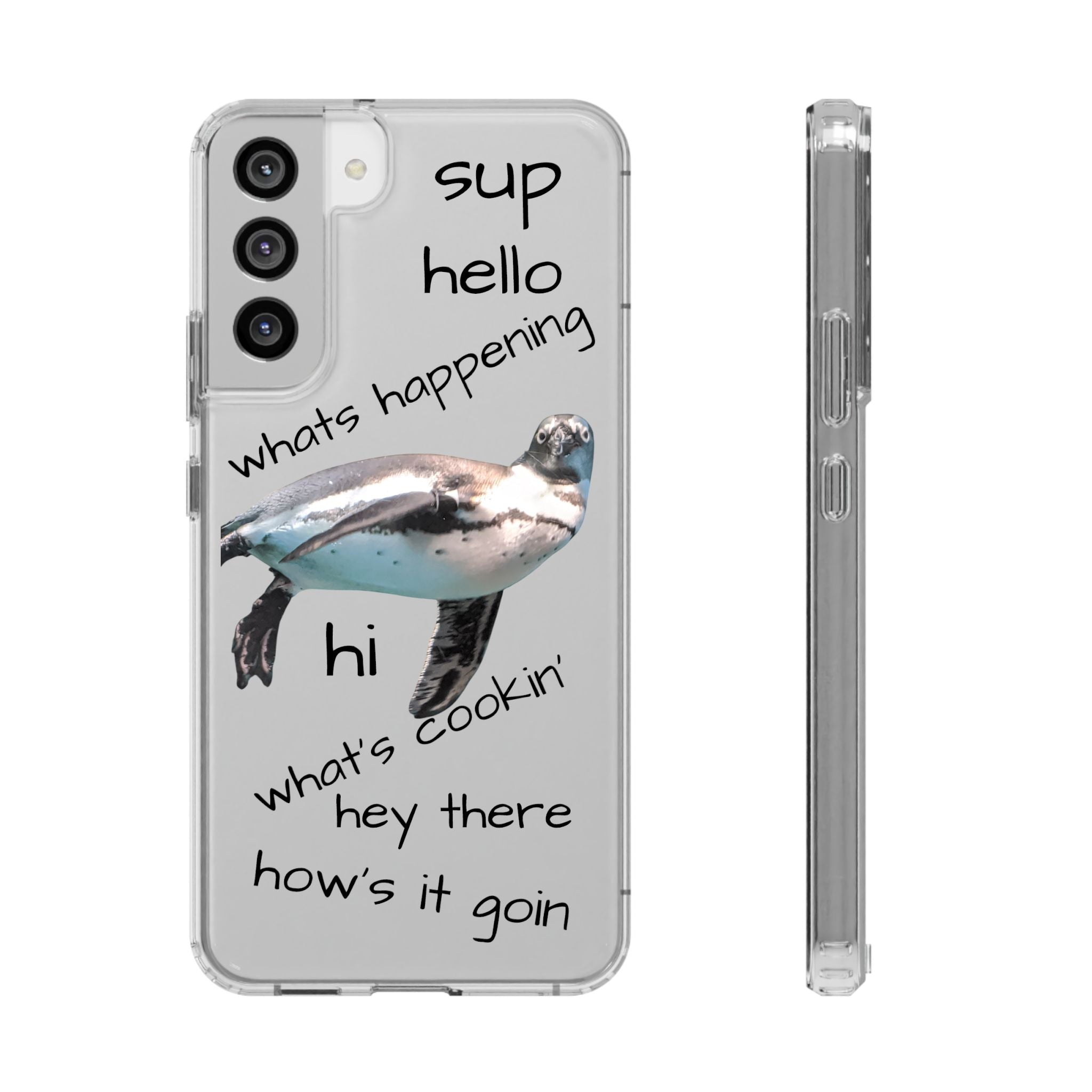 Clear Penguin Phone Case — Cute Floating Penguin with Casual Greetings, Clear Impact‑Resistant iPhone Case