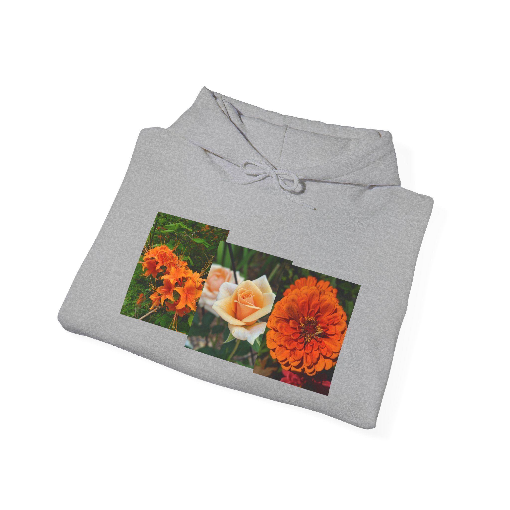 Floral Rectangle Print Hoodie — Orange Rose & Marigold Graphic Sweatshirt
