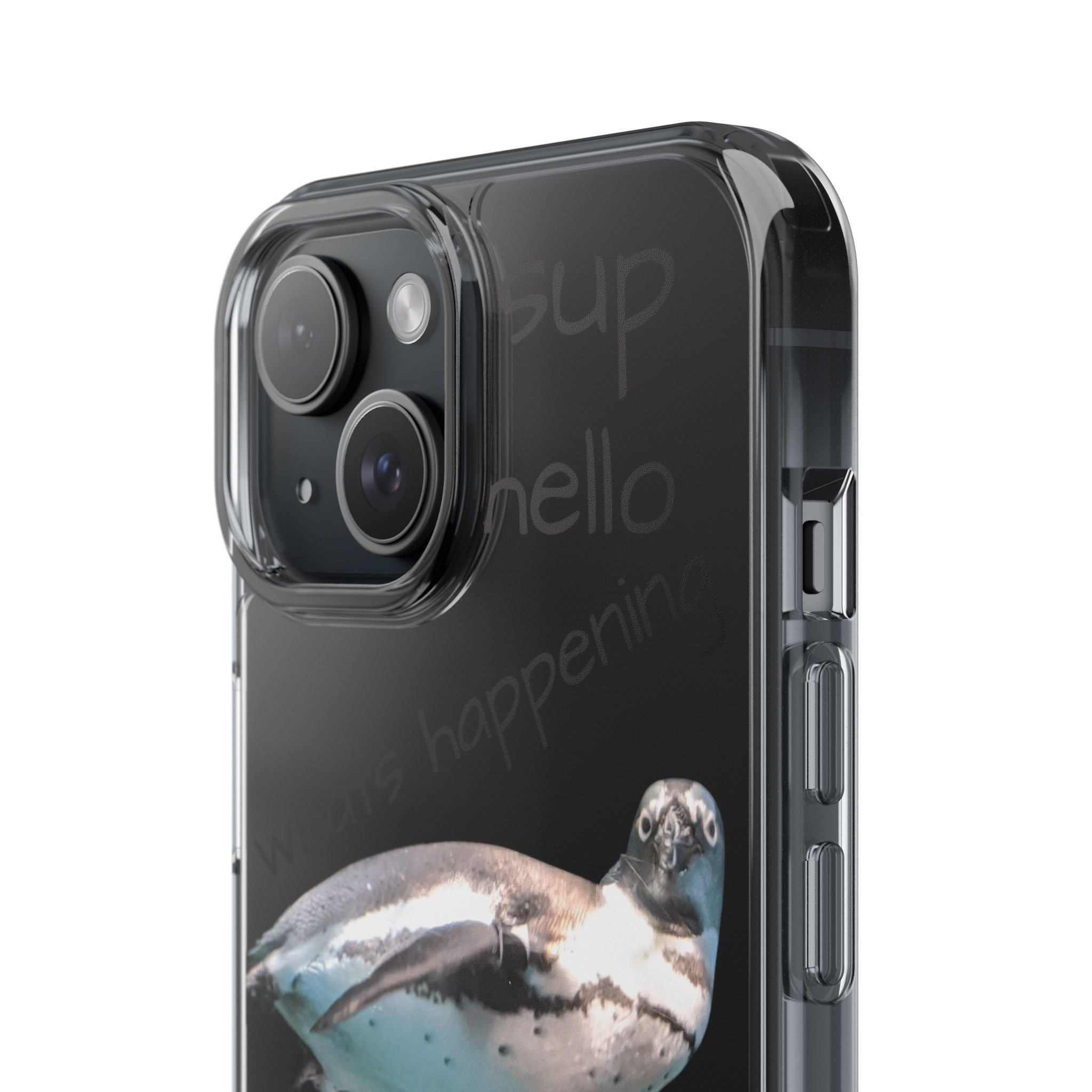 Clear Penguin Phone Case — Cute Floating Penguin with Casual Greetings, Clear Impact‑Resistant iPhone Case