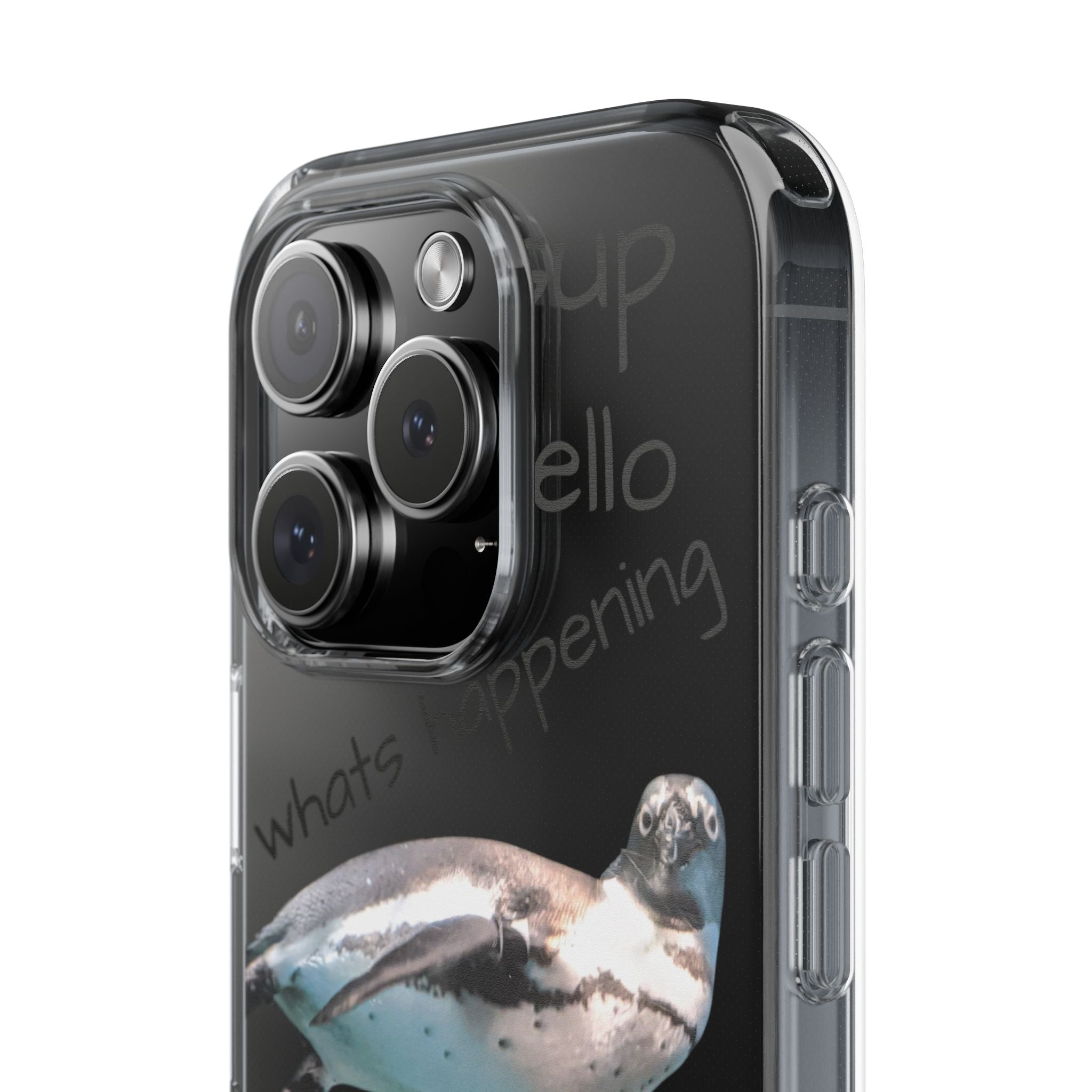 Clear Penguin Phone Case — Cute Floating Penguin with Casual Greetings, Clear Impact‑Resistant iPhone Case