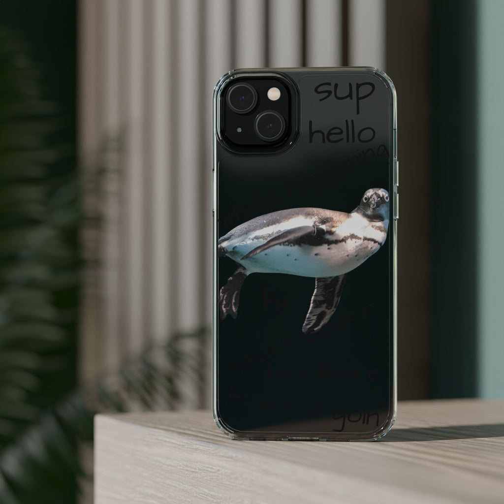 Clear Penguin Phone Case — Cute Floating Penguin with Casual Greetings, Clear Impact‑Resistant iPhone Case