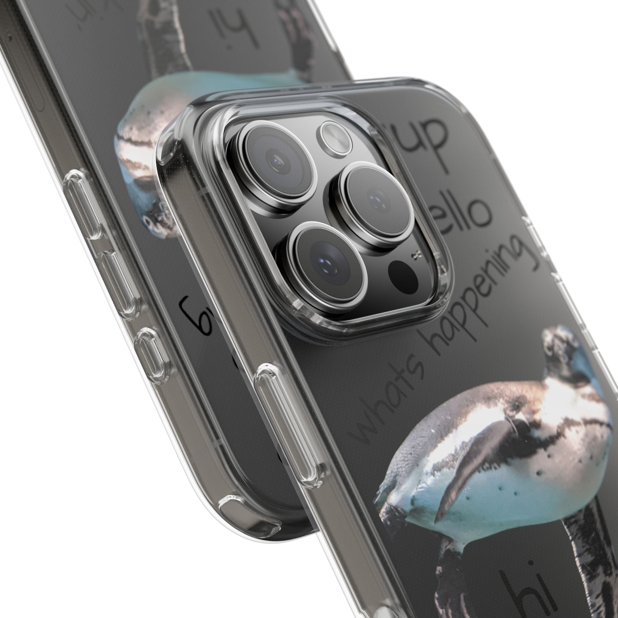 Clear Penguin Phone Case — Cute Floating Penguin with Casual Greetings, Clear Impact‑Resistant iPhone Case