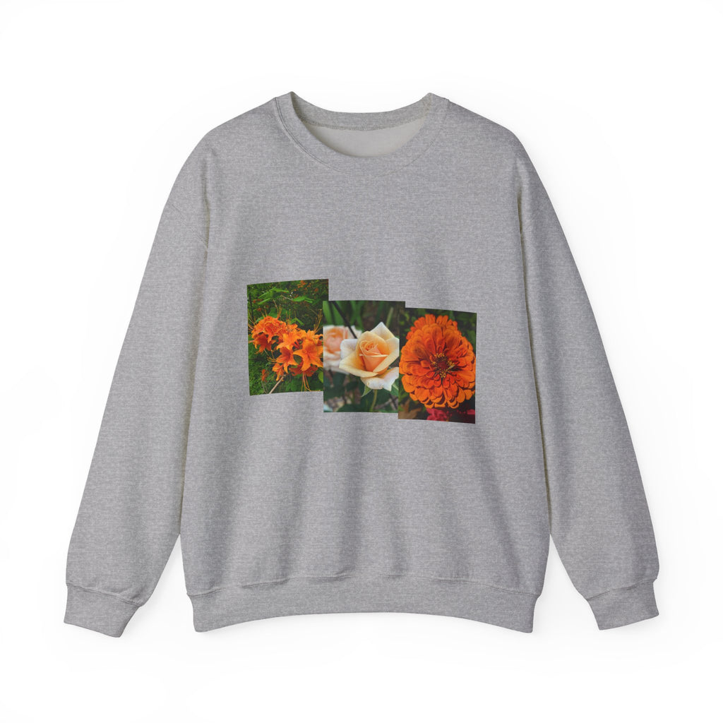 Orange Marigold & Rose Floral Patchwork Crewneck Sweatshirt — Botanical Garden Graphic Pullover, Flower Lover Gift