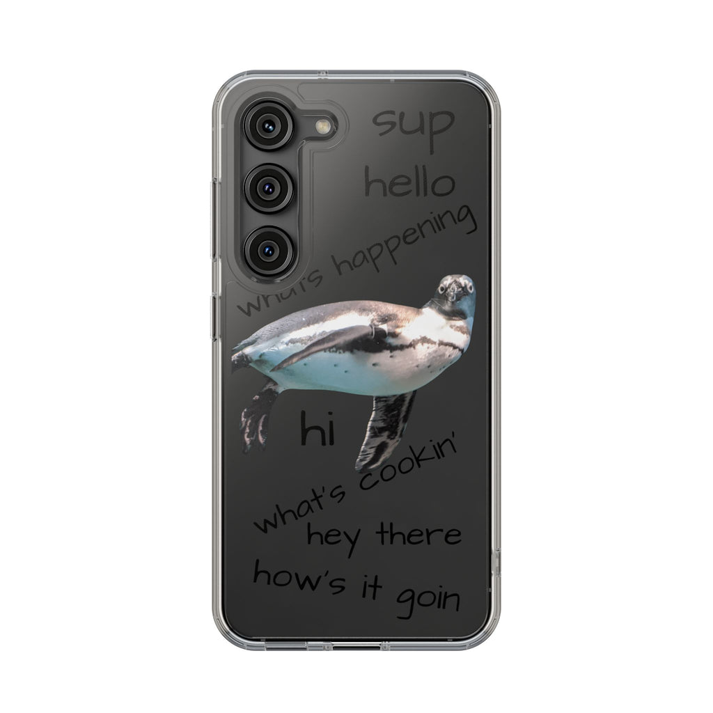 Clear Penguin Phone Case — Cute Floating Penguin with Casual Greetings, Clear Impact‑Resistant iPhone Case