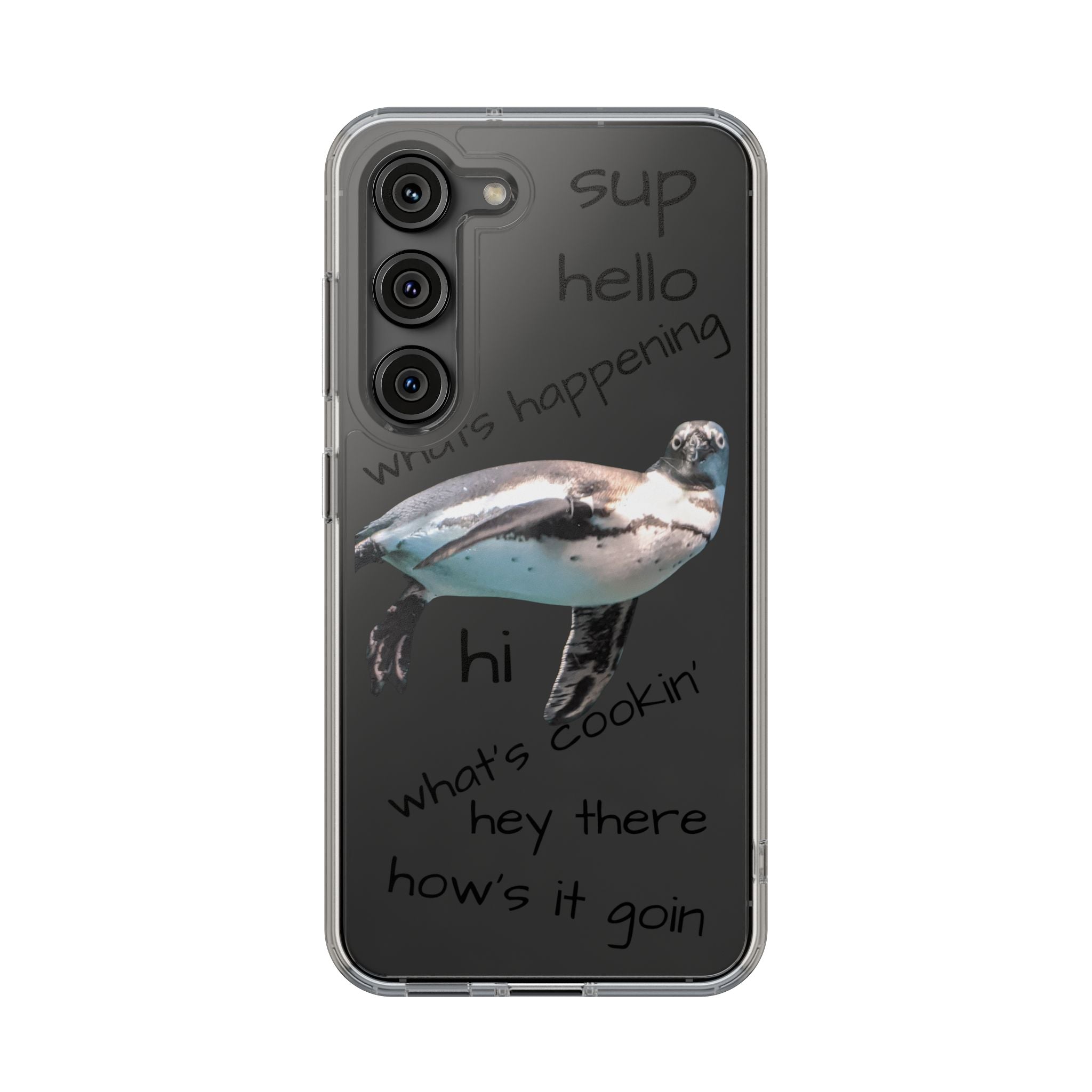Clear Penguin Phone Case — Cute Floating Penguin with Casual Greetings, Clear Impact‑Resistant iPhone Case