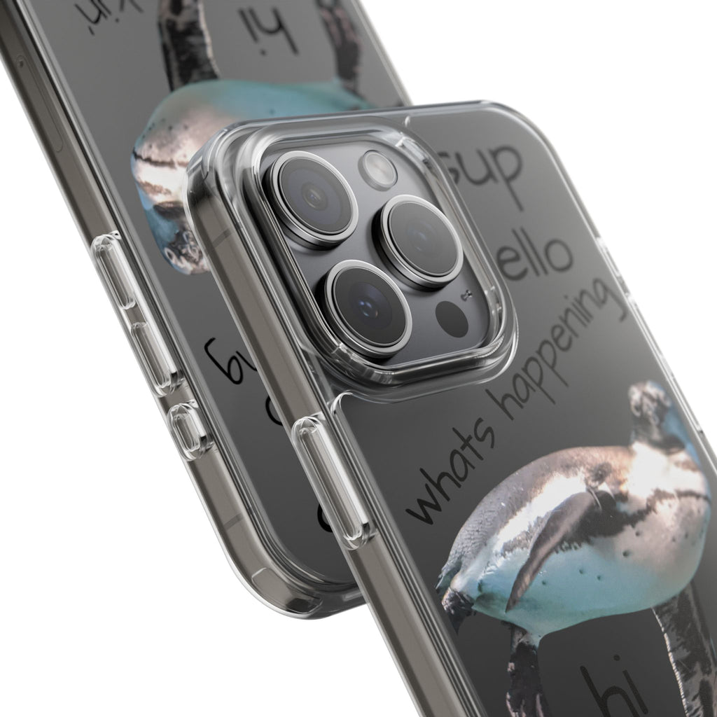 Clear Penguin Phone Case — Cute Floating Penguin with Casual Greetings, Clear Impact‑Resistant iPhone Case