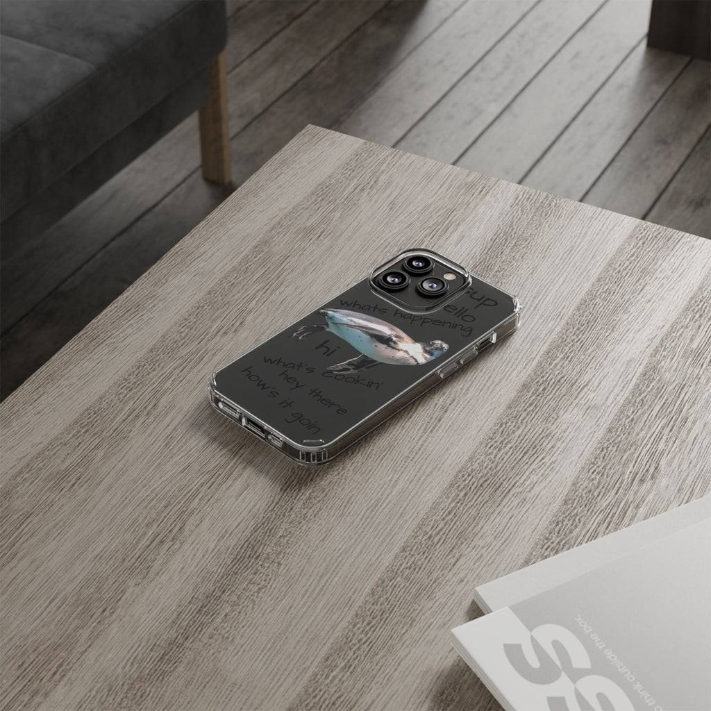 Clear Penguin Phone Case — Cute Floating Penguin with Casual Greetings, Clear Impact‑Resistant iPhone Case
